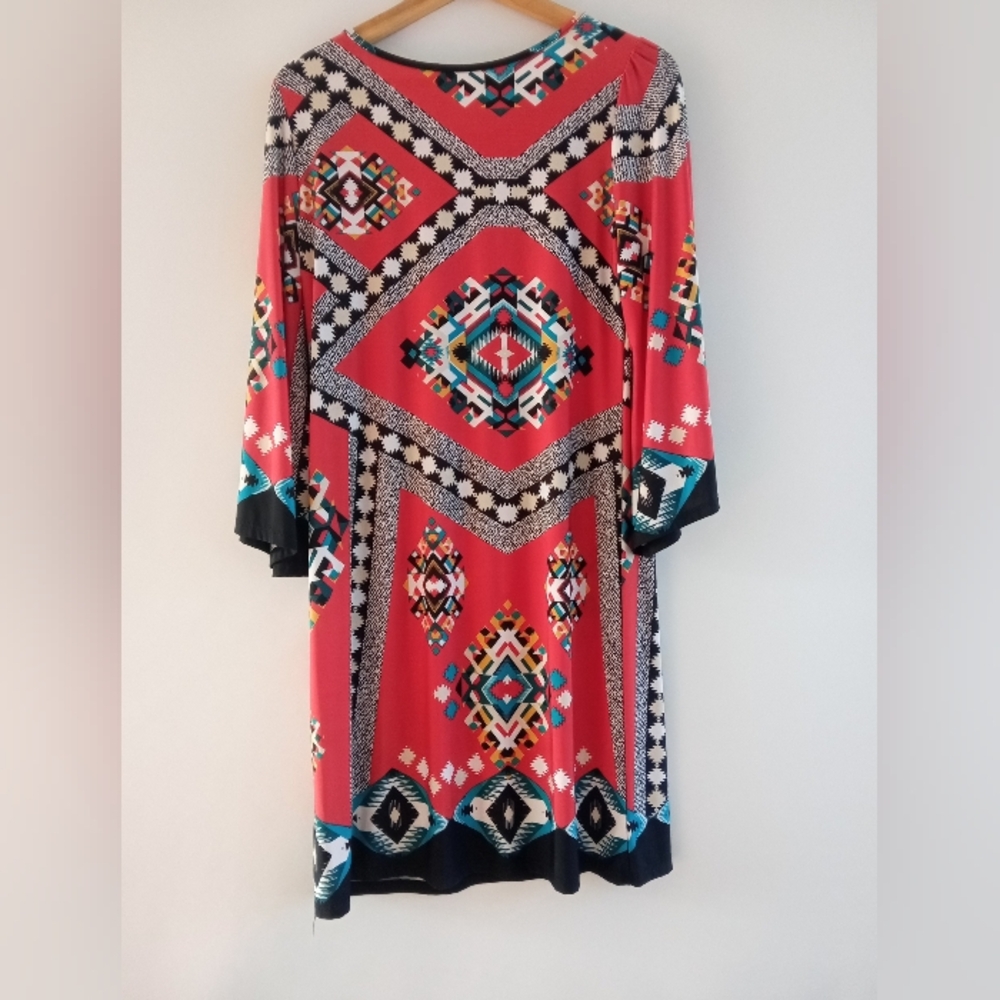 S V Geometric Print Long Sleeve Dress Pink Multi Color Size Large Style